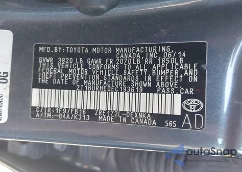 2014 Toyota Corolla Le Plus from USA, damaged, VIN 2T1BURHE0EC193619